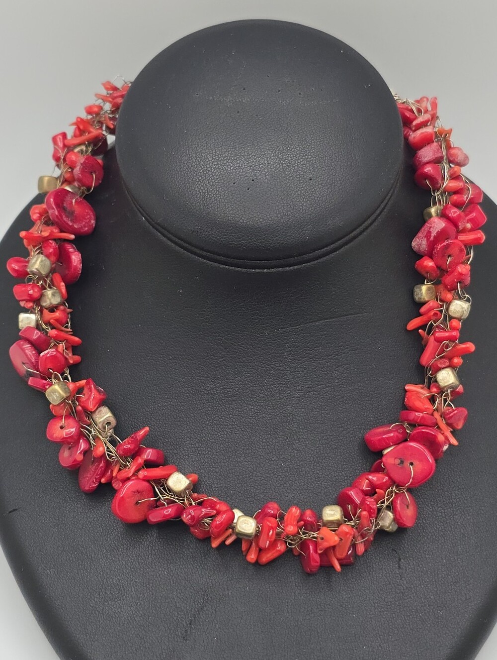 Coral Necklace Red Branch Disc Beads Sterling Hook Clasp Chunky Vintage 16"